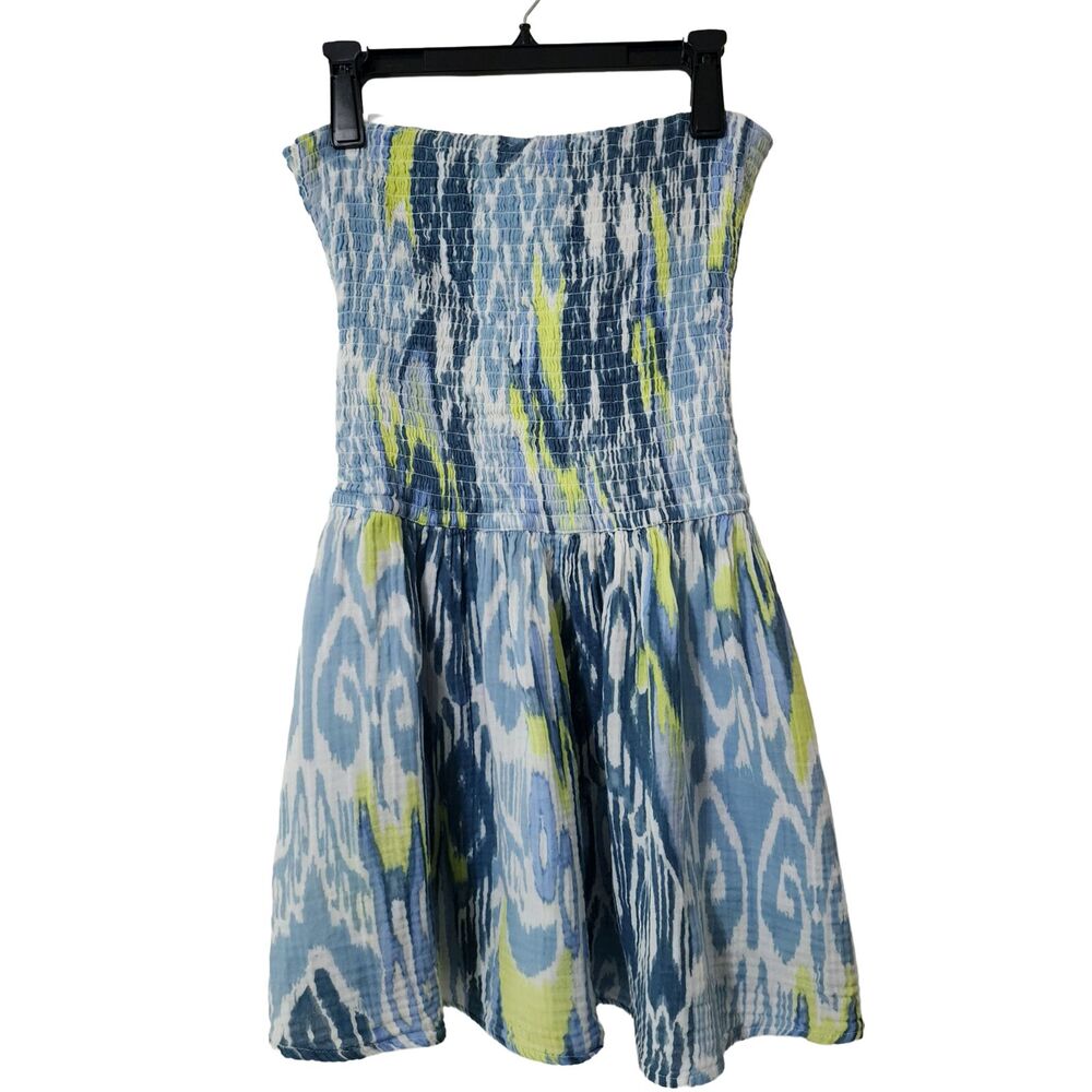 Anthropologie Reversible Smocked Mini Dress Ikat Print XS Petite Boho Blue EUC